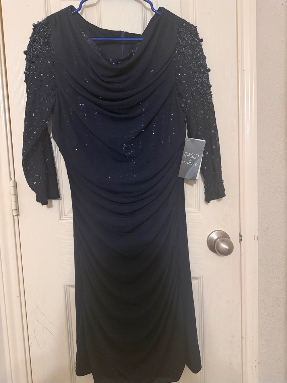 Cache Black Beaded Draped Long Sleeve Dress